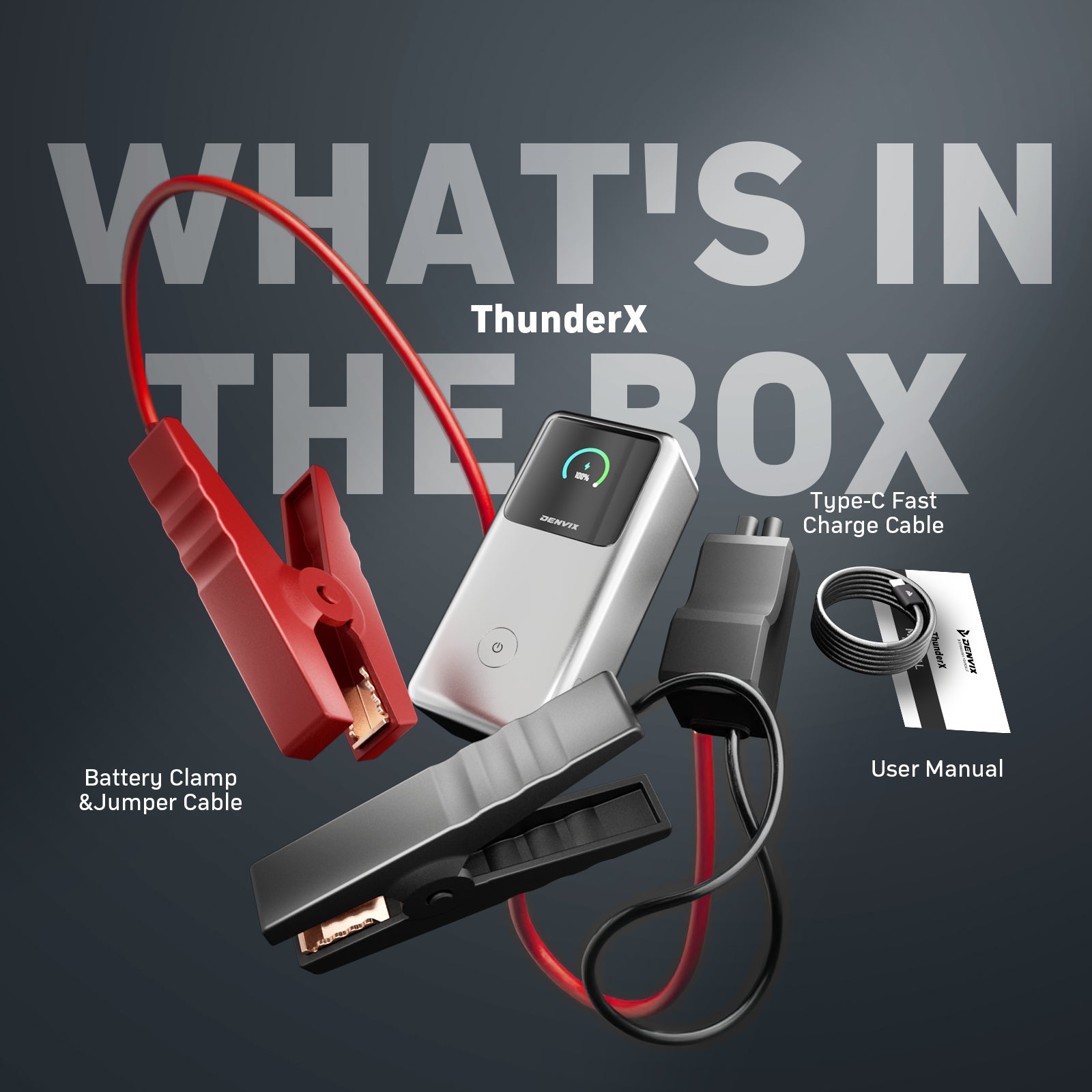 Denvix ThunderX 1000A UltraSafe Jump Starter, fit all household cars, SUVs and Trucks, 36000mAh Power Bank Super Safe High-rate full-tab battery, 230W Output,Portable Jump Starter, Power Bank, Jumper Cables, LED light